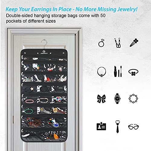 Freegrace Hanging Jewelry Organizer Revolving Hanger - Secure Zipper Closure - 50 Pockets - Foldable Storage & Display Solution - For All Jewelry & Bijoux (Black) - Image 5