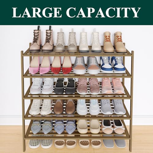 Image of Smiry Bamboo Shoe Rack, 5 Horizontal Slats, 5 Tier - 33.9 inch Wide, Walnut