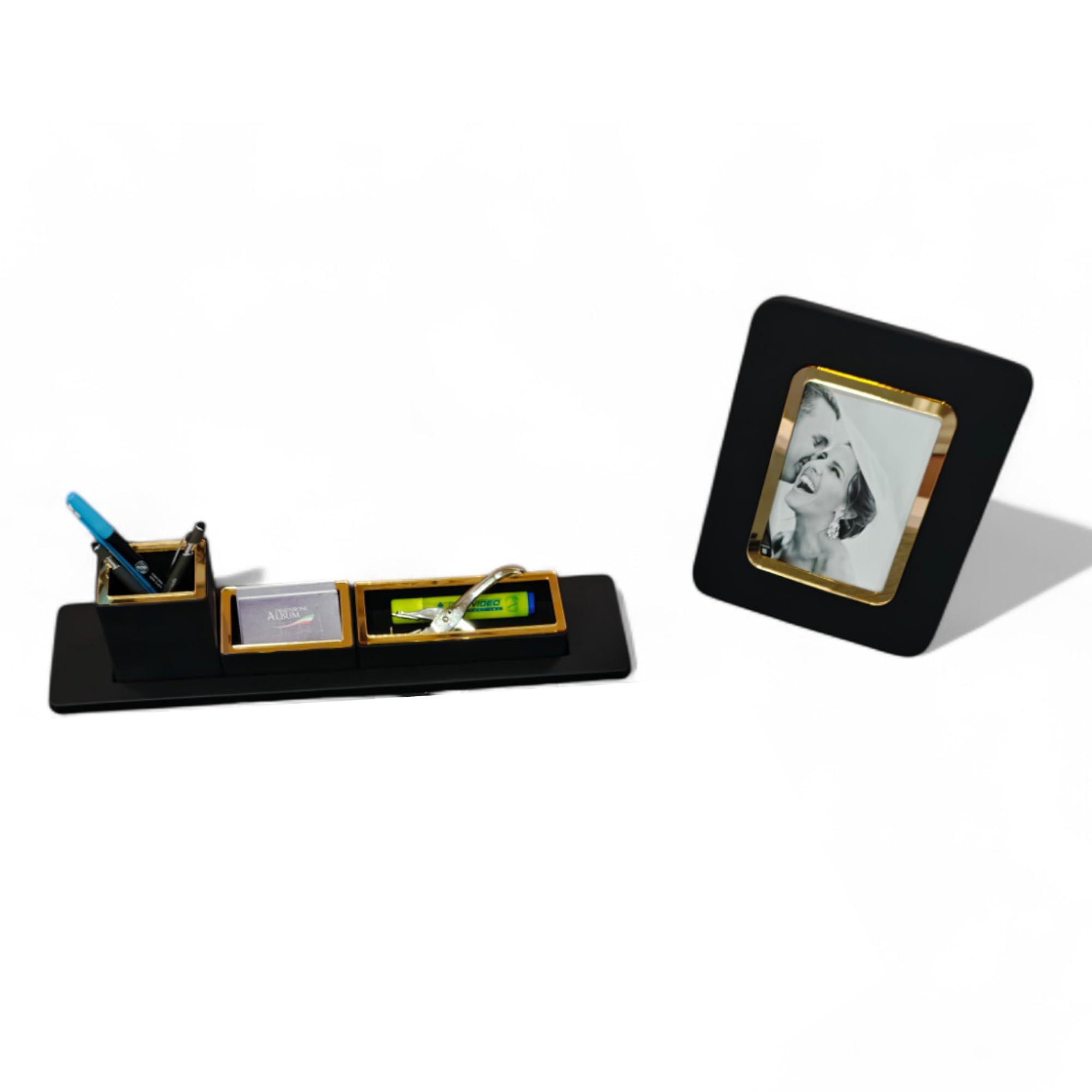 oggettando Set Scrivania in eco pelle PU Nera, 3 in 1 Organizer a incastro con Bicchiere Porta Penne, Porta bigliettini, Porta oggetti, Portafoto per Ufficio Casa (Acrilico Oro)