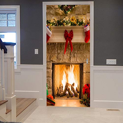 A.Monamour Türtapete Selbstklebend Türfolie Türposter 3D Weihnachten Kamin Strümpfe Geschenke Feiertags Dekoration Vinyl Folie Türdeko Tapete Wandbild Türaufkleber Türtattoo 90 x 200 cm Cover