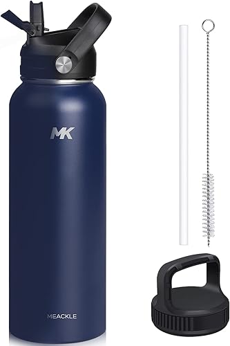 Botella de agua aislada de 40 onzas con popote y 2 tapas, botella de metal de medio galón, jarra de agua grande doble de acero inoxidable, taza de