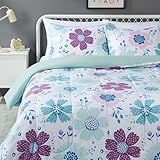 Amazon Basics Soft, Plush 3 Piece Microfiber Kid's Comforter and Pillow Sham Set, Full/Queen, Purple Flowers, Bluish Pink, Lightweight, Floral