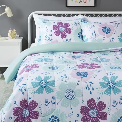 Image of Amazon Basics 3-Piece Soft, Plush Microfiber Kids' Comforter and Pillow Sham Set, Full /Queen, Purple Flowers, Bluish Pink, Floral