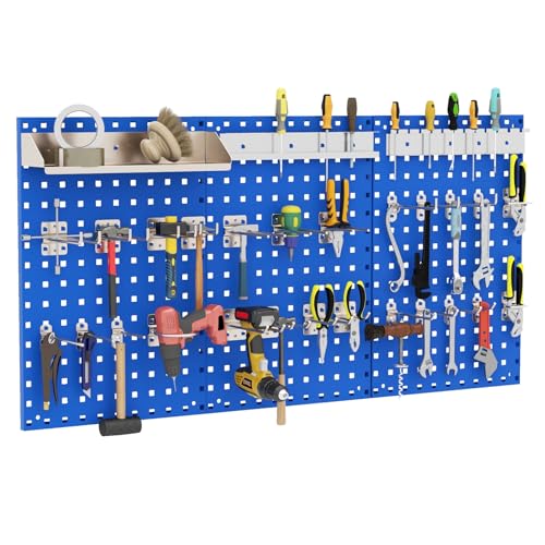 GOPLUS Panel Herramientas Pared, Panel Perforado 3 Piezas con 25 Ganchos, Organizador Herramientas Pared para Brocas y Destornilladores, Kit de Tablero de Clavijas de Metal para Garaje Taller (Azul)