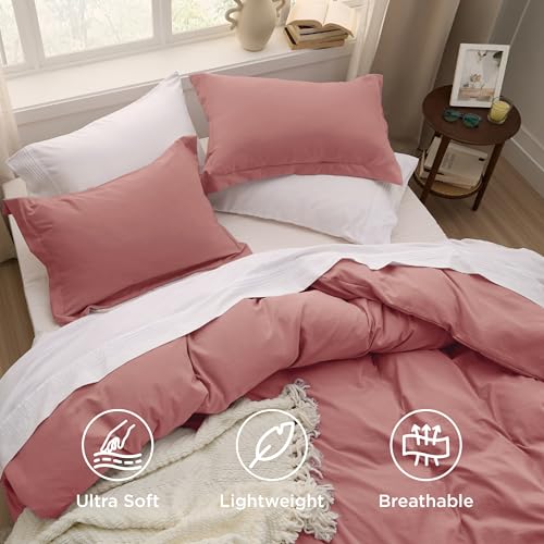 Image of Bedsure Pink Clay Duvet Cover Queen Size - 3 Pieces Prewashed Cotton-Like Extra Soft Bedding Set, Includes 1 Duvet Cover 90x90 Inches with Zipper Closure & 2 Pillow Shams, Comforter Not Included