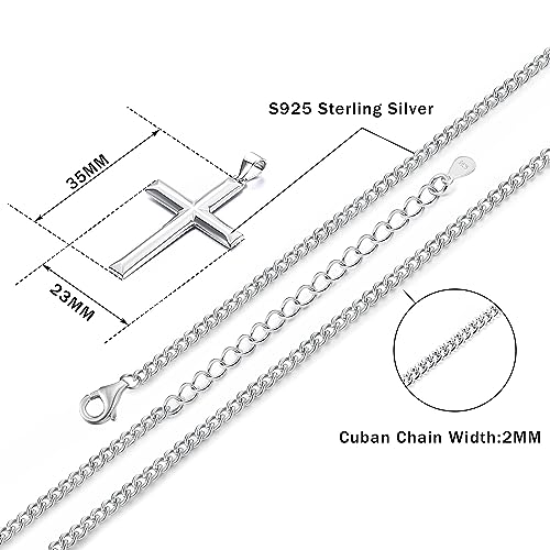 MILACOLATO Solid S925 Sterling Silver Cross Necklace for Men Women | 2mm Durable Sterling Silver Cuban Link Curb Chain Cross Pendant Necklace | Crucifix Cross Pendant Necklace Jewelry 16-24 Inches2