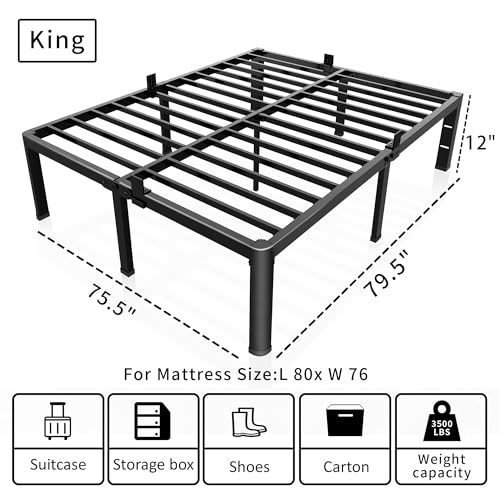 ROIL 12 inch King Size Bed Frame Metal Platform No Box Spring Needed with Headboard Hole Round Corner Legs Mattress Stoppers Retainers 3500LBS Heavy Duty Steel Slats Noise-Free