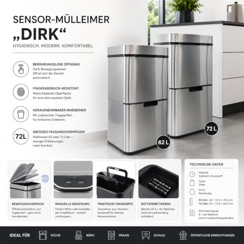 casa pura Mülleimer 4 Fächer, elektrischer Abfalleimer mit Sensor, Mülltrennsystem, Küchenabfalleimer sanft Verschluss für Küche Büro… – Ansicht 2