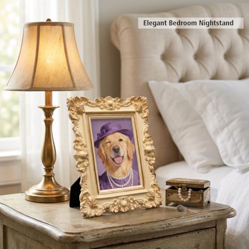 Image of Vintage Ornate Picture Frame, Antique Cream Resin Baroque Frame, Shabby Chic French Country Cottagecore Decor, Tabletop or Wall, Dog Lover Pet Gift
