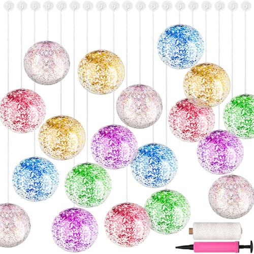 Vinsot 48 Pcs Inflatable Sequin Beach Balls 12 Inch Giant Glitter Beach Balls Hanging Clear Shiny Balls Decorations with Hanging Rope, Hooks and Pump for Summer Beach Pool Party Toy(Multicolor)