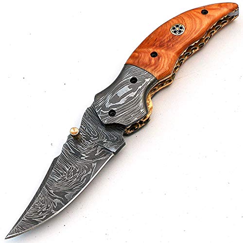 PAL 2000 HUNTING KNIVES 8738 Custom Handmade Damascus Folding Knife - Amazing File Work - with Sheath