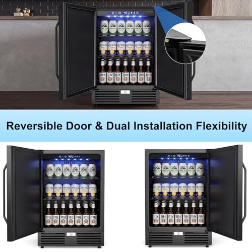 Image of 24 Inch Beverage Refrigerator-210 Can Large Capacity Beverage Fridge with French Door, Built-in or Freestanding Under Counter Outdoor Beverage Cooler with Reversible Door, Black