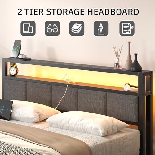 Image of E-Motie Queen Size Bed Frame with LED Lights and Charging Station, Wood Storage Headboard with 2-Tier Shelves, Heavy Duty Metal Slats, No Box Spring Need, Noise Free, Easy Assembly, Light Grey