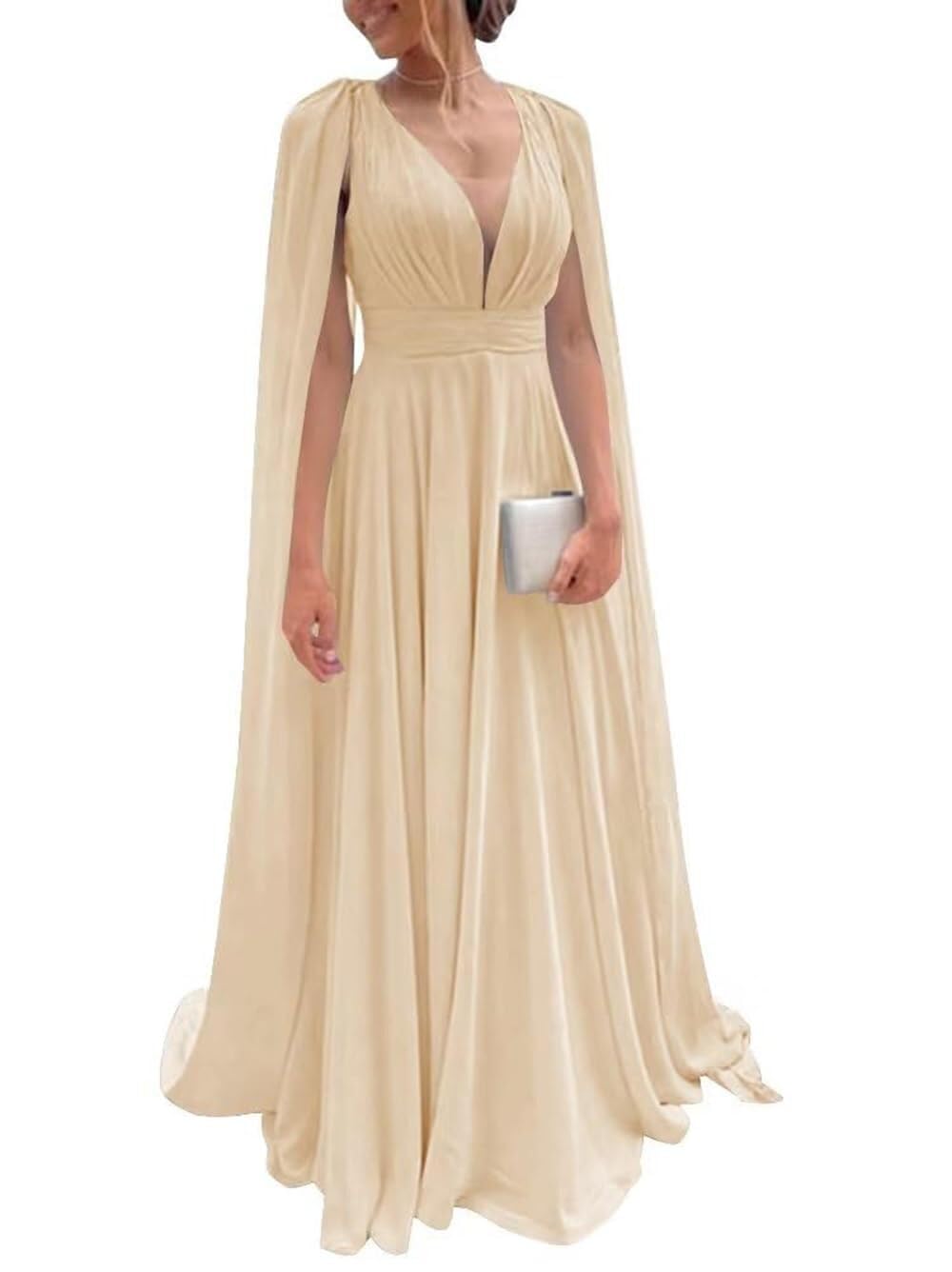 Chiffon Bridesmaid Dress for Women Cape Sleeve V-Neck Formal Evening Gowns with Pocket LBC020