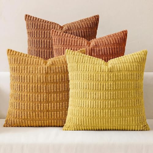 4 Pack Fall Corduroy Decorative Throw Pillow Covers 20x20 Inch, Orange/Rust