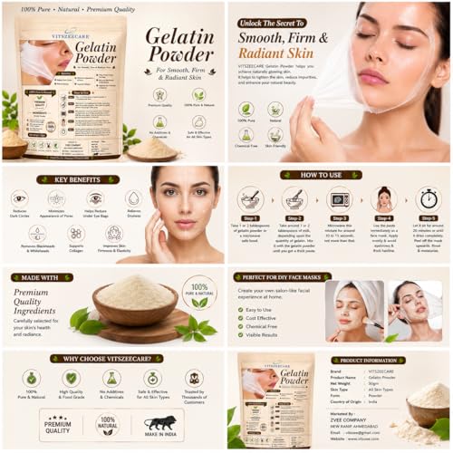Image of Gelatin Powder 50g for Face Mask | Peel Off Mask Powder | Removes Blackheads & Whiteheads | Facial Hair Removal | Skin Tightening Collagen Support