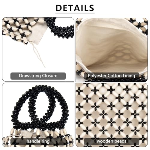 Image of YYW Unique Handmade Wooden Bead Tote Bag for Women, Small Handwoven Clutch Purses Woven Bucket Handbag and Drawstring Handbag