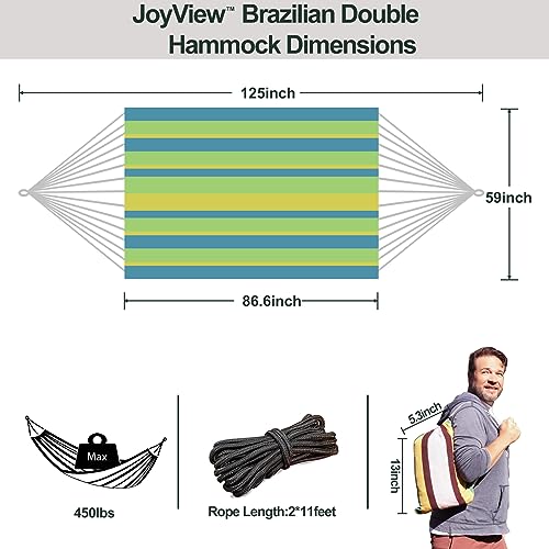 Image of JoyView Brazilian Double Hammock with Hanging Ropes Extra Large 86.6x59 inch Portable Cotton Hammock for Patio Backyard Porch 450LBS Weight Capacity Perfect for Outdoor /Indoor - Light Green /Yellow Stripe