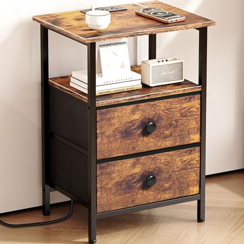Image of Nightstand with Charging Station, Bedside End Table with 2 Fabric Drawers for Bedroom, Side Table with USB Ports and Outlets, Rustic Brown
