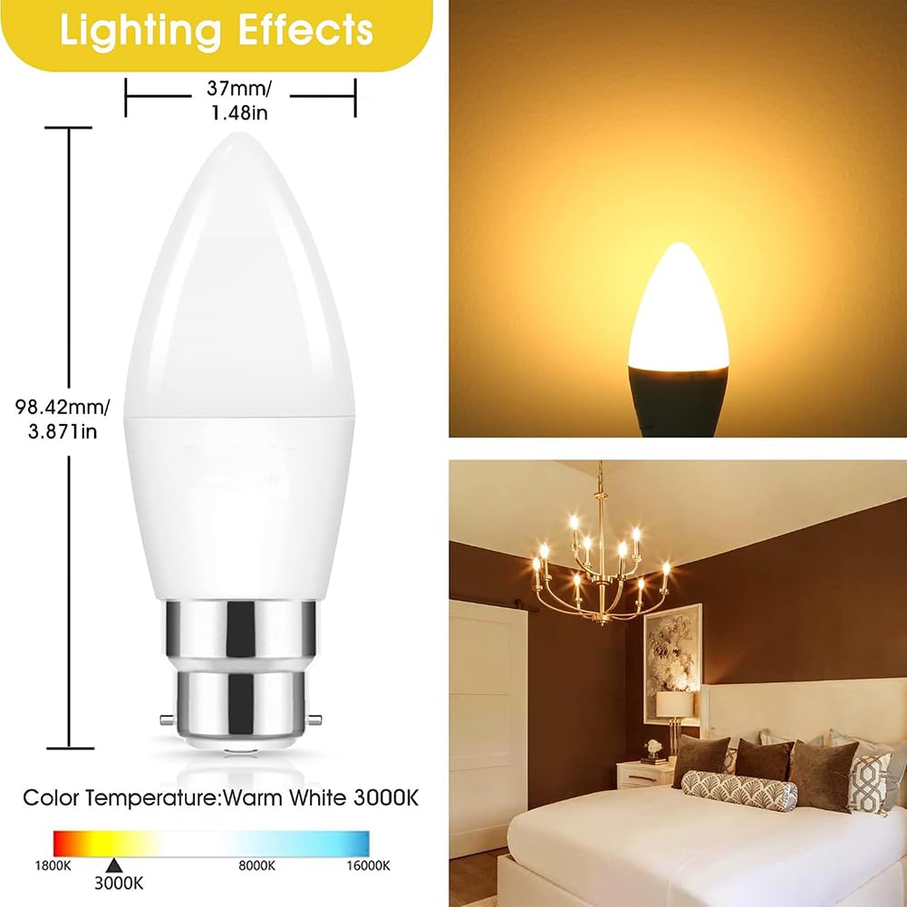Générique Ampoule à baïonnette B22, 7W Ampoules LED en Forme de Bougie B22, Équivalent Ampoule Incandescente 60W, Ampoule LED Économe en Énergie Lot de 6,Warm White