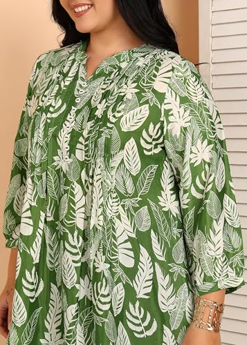 Image of Yash Gallery Women's Wrinkle Free Printed Short Kurti Mandarin Collar with Pintuck Pleats 3 /4th Sleeve