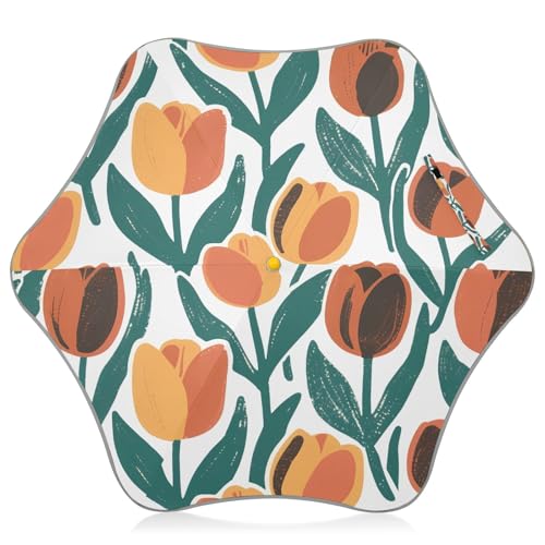Nexawaveo Paraguas infantil con UPF 50+ patrón de tulipán retro para sol y lluvia, diseño resistente al viento, borde reflectante, fácil de abrir para niños pequeños