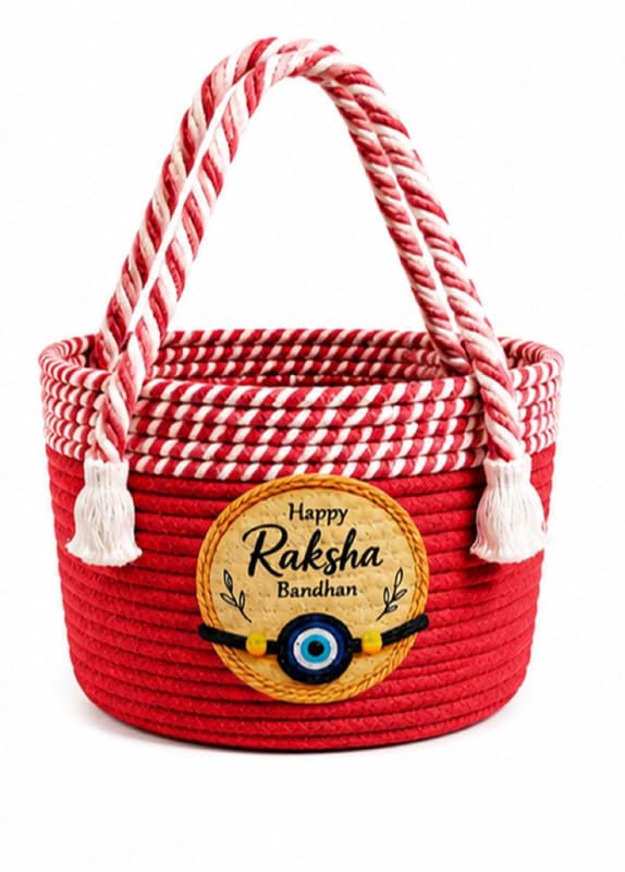 Image of BROOM Raksha Bandhan Gift Hamper Basket | Handmade Cotton Rope Storage Basket with Handle | Decorative Organizer for Chocolates, Dry Fruits, Return Gifts, Home Decor & Festive Celebration (Cherry Red)
