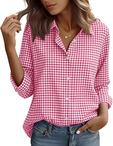 HOCAIES Womens Long Sleeve Button Down Shirts Gingham Top Plaid Button-Up Breathable Autumn Blouses Red Plaid L