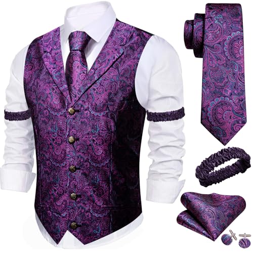 Image of Barry.Wang Mens Silk Lapel /Shawl Collar Vest Tie Sleeve Holder Set Formal /Casual Paisley Vests Wedding Tuxedo Waistcoat