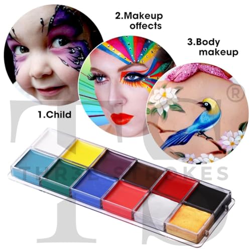 Image of THR3E STROKES Oil Based Face Body Painting Kit, 12 Colours, Black & White Halloween Makeup Palette, Hypoallergenic Body Paint for Costume Party, Special Effects