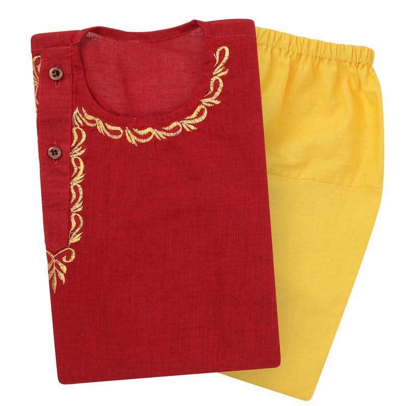 Image of superminis Baby Boy's Handloom Cotton Kurta With Embroidery Around The Neck And Contrast Color Dhoti Clothing Set