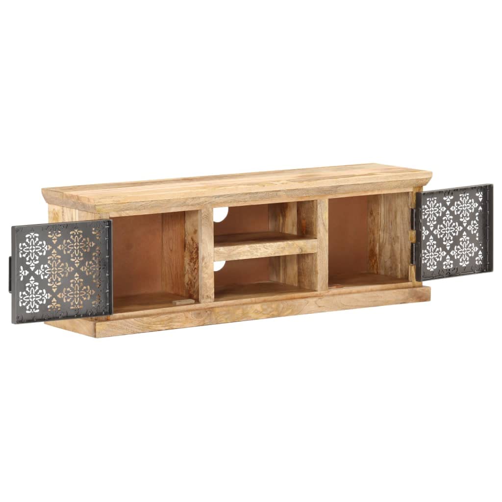 Szafka TV z litego drewna mango, 120 x 30 x 40 cm, z malowanymi proszkowo stalowymi drzwiami, czarna, do konsoli multimedialnych, idealna jako uniwersalna podstawka pod telewizor i szafka do