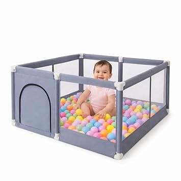 Play Fence for Kids – Indoor & Outdoor Play Yard Game Fence Balls Activity for Toddler & Baby Enclosure Gate, Safe & Durable Panels, Easy Setup, Anti-Slip Base Safety Play Yard (Grey)