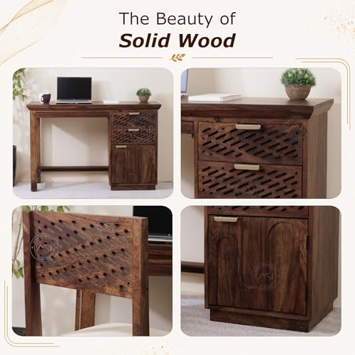 Image of NSH Solid Sheesham Wood Study Table with Chair | Wooden Writing Desk with Drawer & Door Storage | Pre-Assembled Computer Desk Workstation for Home Office & Study Room | Teak Finish