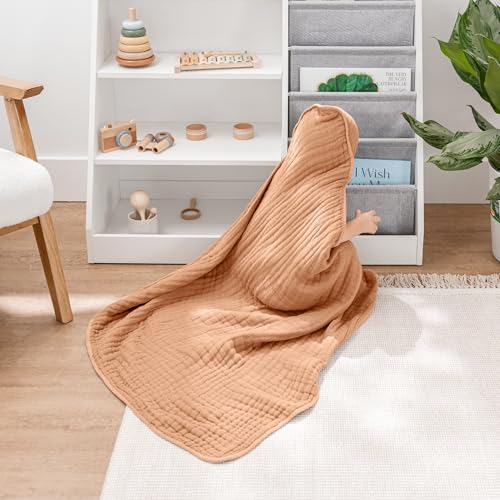 Image of Comfy Cubs Baby Hooded 9 Layer Muslin Cotton Towel for Kids, Large 32 inch x 32 inch, Ultra Soft, Warm, and Absorbent. Baby Essentials Bath Towels, Cute Unisex Cover for Girls and Boys (Pack of 1, Caramel)