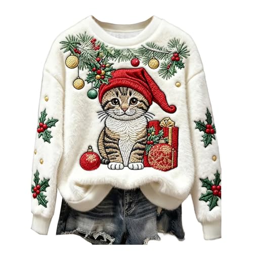 Jersey de Navidad para mujer, grueso, térmico, cuello redondo, suéter de invierno con bonitos motivos navideños, estampado de gatitos, estilo de fiesta de Navidad, sudadera de Navidad, suéter hipster