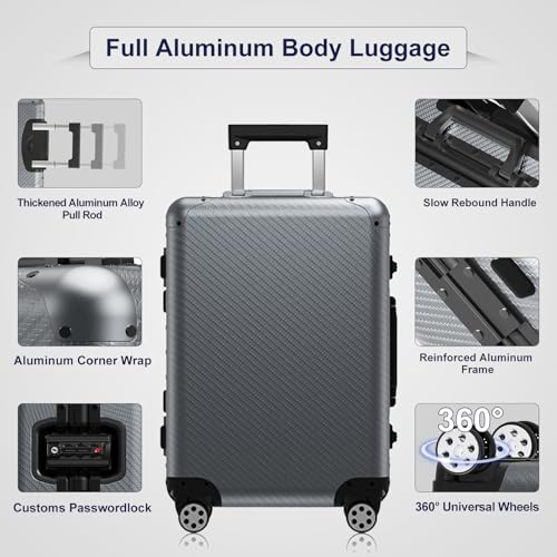 20 Inch Full Aluminum Body Luggage, All Aluminum Suitcase, 22x4x9 Inch Aluminium Luggage Carry On Weaving Texture Surface Hard Shell Body Large Suitcase with TSA Locks (Silver, 20 inch3
