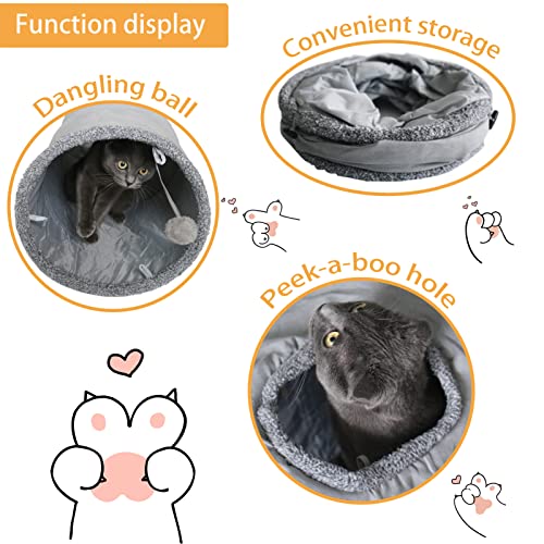 Image of Cat Tunnel for Indoor Cats, 51x12 inch Foldable Big Cat Tunnel, Grey Suede Pet Tunnels with Two Peepholes and a Bubble Ball