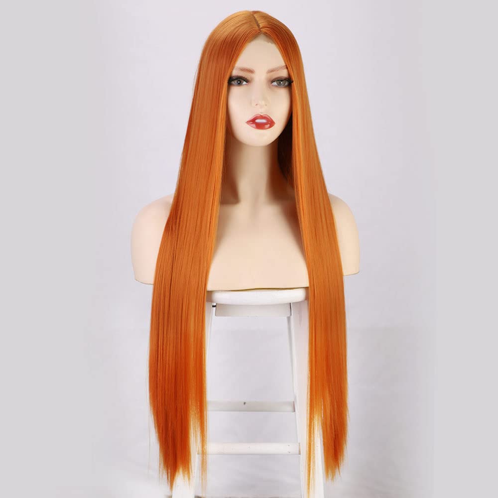 Wig, front lace wig without glue, pre elastic straight hair, high-definition lace wig (Orange 2735#, 32inch)