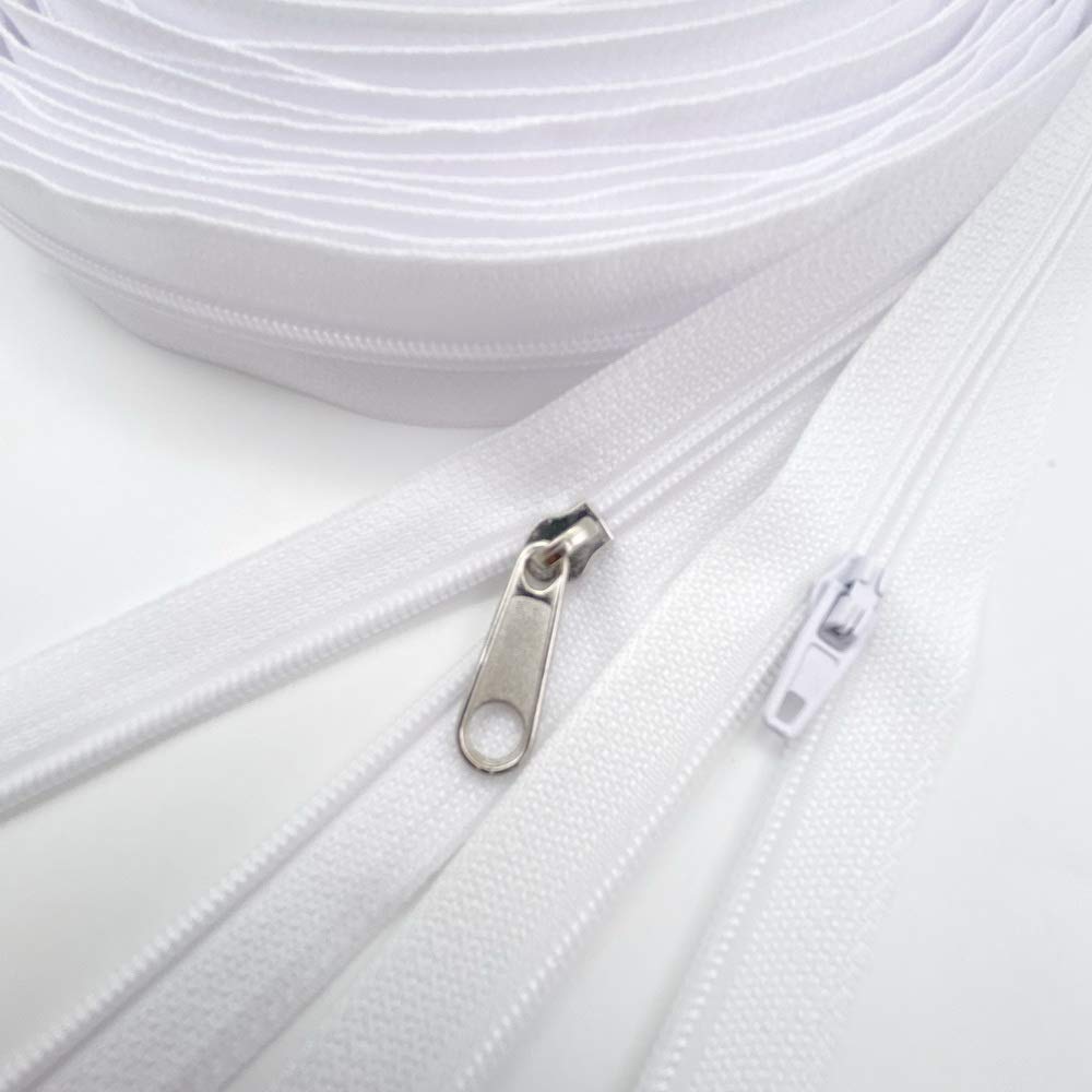 Cremalleras a granel de 10 yardas #3 de nailon largo por yarda con 15 deslizadores de cremallera de bloqueo automático y 10 tiradores plateados para coser bolsas de manualidades (#3 blanco)