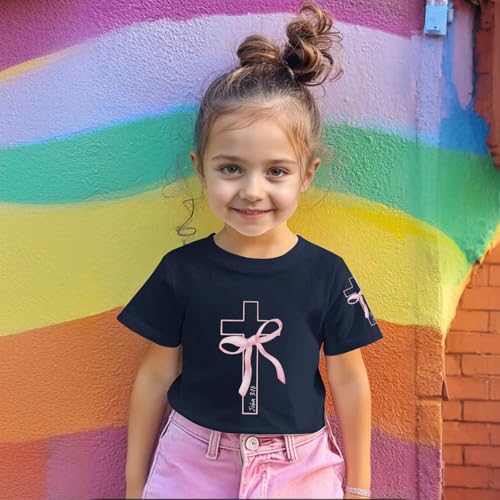Image of Girls Cute Christian Shirts Kids Pink Bow Shirt Jesus God Faith Tshirts Aesthetic Cross Bible Verse Graphic Tee Tops