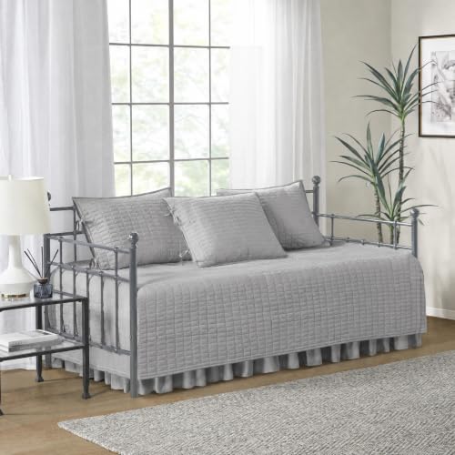 Image of Comfort Spaces Daybed Cover - Luxe Double Sided-Quilting, All Season Cozy Bedding with Bedskirt, Matching Shams, Kienna Grey 75 inchx39 inch 5 Piece,100% Microfiber
