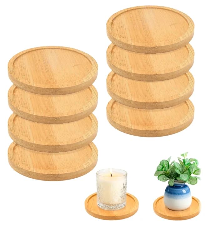 Lot de 8 Dessous de Verre Bois Rond 9.5cm Plateau Bois Naturel pour Bougie Bapteme, sous Tasse et Décoration Table Soucoupe Pot Fleur Antidérapante...