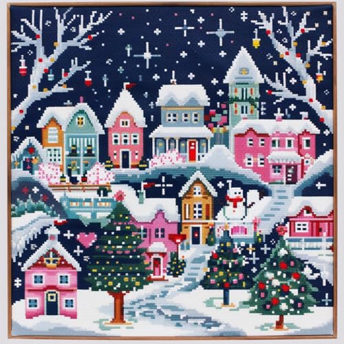 Christmas Town with Colorful House DIY 11CT Stamped Cross Stitch Kits for Beginners Easy Needlepoint Embroidery Counted Cross Stitch Art Craft for Wall Decoration 16x16inch(1)