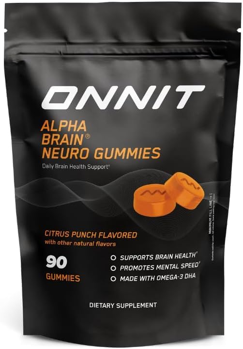 ONNIT Alpha Brain Neuro Focus Gummies, IGEN™ Non-GMO Tested – Vegan Gummies with Omega-3s, Lutein, Zeaxanthin & Caffeine – Brain, Eye & Focus Supplement for Men & Women, Citrus Punch Flavor, 90 Count