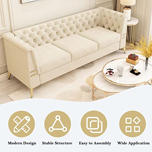 Tomkate Chesterfield Sofa, 82" Velvet Upholstered 3 Seater Couches With Flared Arms And Removable Cushions, Mid-Century Modern Sofa Couch With Solid Wood Frame And Gold Legs For Living Room (Beige) #TOP4