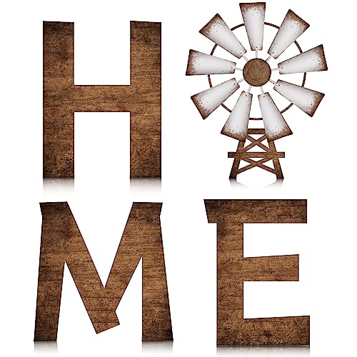 Junkin 4 Pieces Rustic Farmhouse Wall Decoration Wooden Sign with Windmill Western Home Wall Art Farmhouse Home Decoration Cowboy Letters Hanging Sign for Entryway Living Room Kitchen