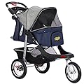VIAGDO Premium Heavy Duty Pet Stroller for Small Medium Dogs & Cats, 3-Wheel Cat Stroller, Foldable Dog Stroller with Suspension System/Link Brake/One-Hand Fold, Max. Loading 55 LBS (Blue&Grey)