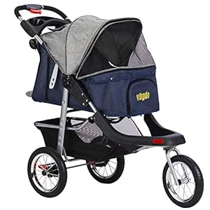 VIAGDO Premium Heavy Duty Pet Stroller for Small Medium Dogs & Cats, 3-Wheel Cat Stroller, Foldable Dog Stroller with Suspension System/Link Brake/One-Hand Fold, Max. Loading 55 LBS (Blue&Grey)