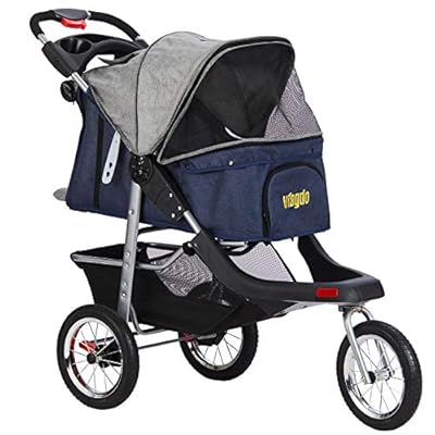 VIAGDO Premium Heavy Duty Pet Stroller for Small Medium Dogs & Cats, 3-Wheel Cat Stroller, Foldable Dog Stroller with Suspension System/Link Brake/One-Hand Fold, Max. Loading 55 LBS (Blue&Grey)